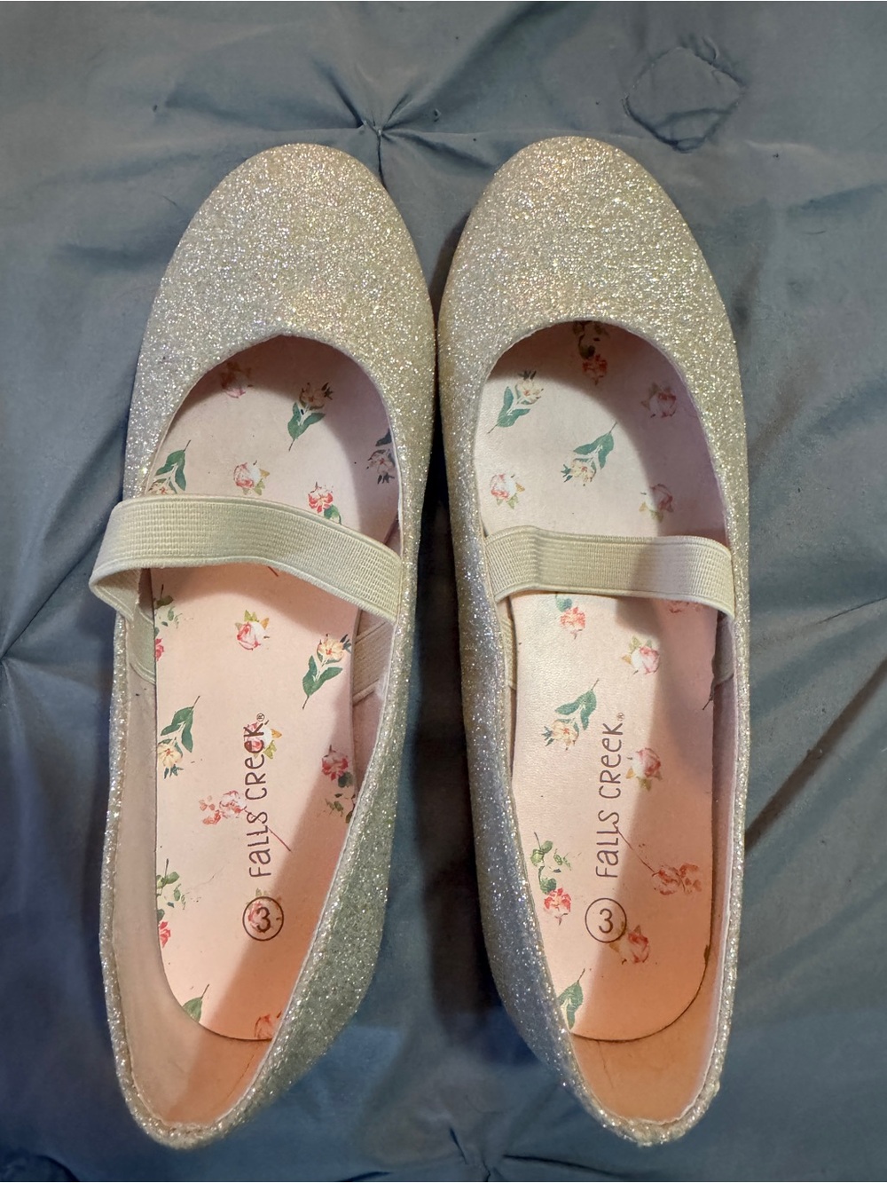 Falls Creek Glitter Mary Jane Flats in Silver with Floral Insole
